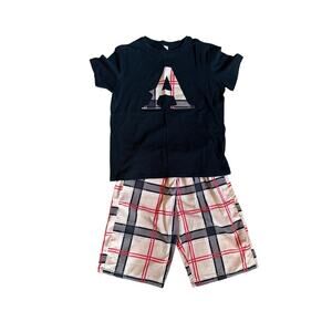Designer Inspired "A" Initial Shirt & Shorts Set, Black/Tan Plaid, Boys Size XL